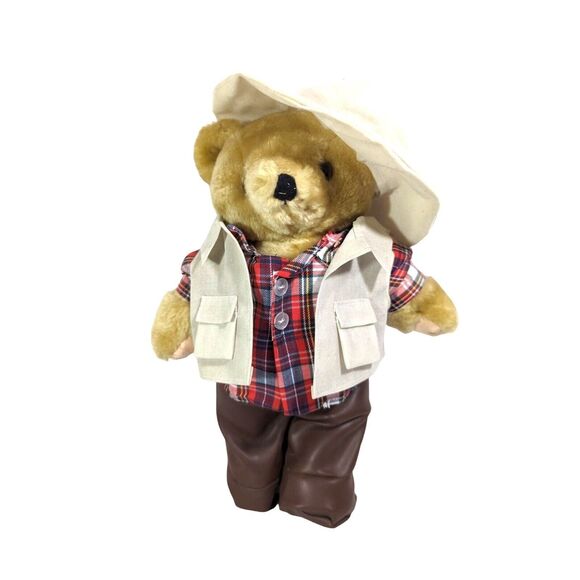 Fishing Bear Plush Tan Vest Red Plaid Shirt Hat Brown Vinyl Waders 12-inch Gift - Picture 1 of 6